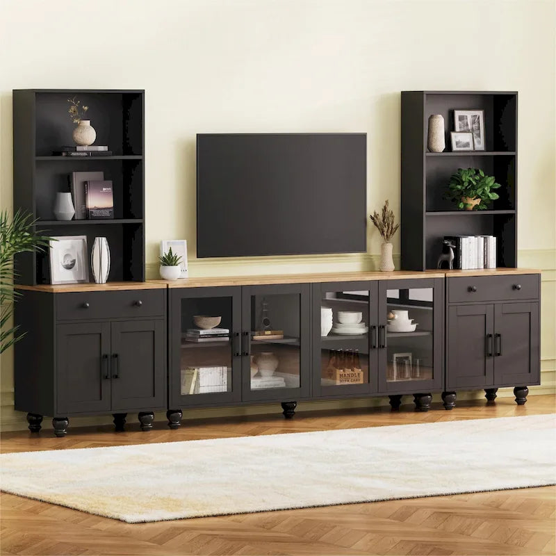 Meuble TV de centre de divertissement avec bibliothèques, portes vitrées et étagères réglables