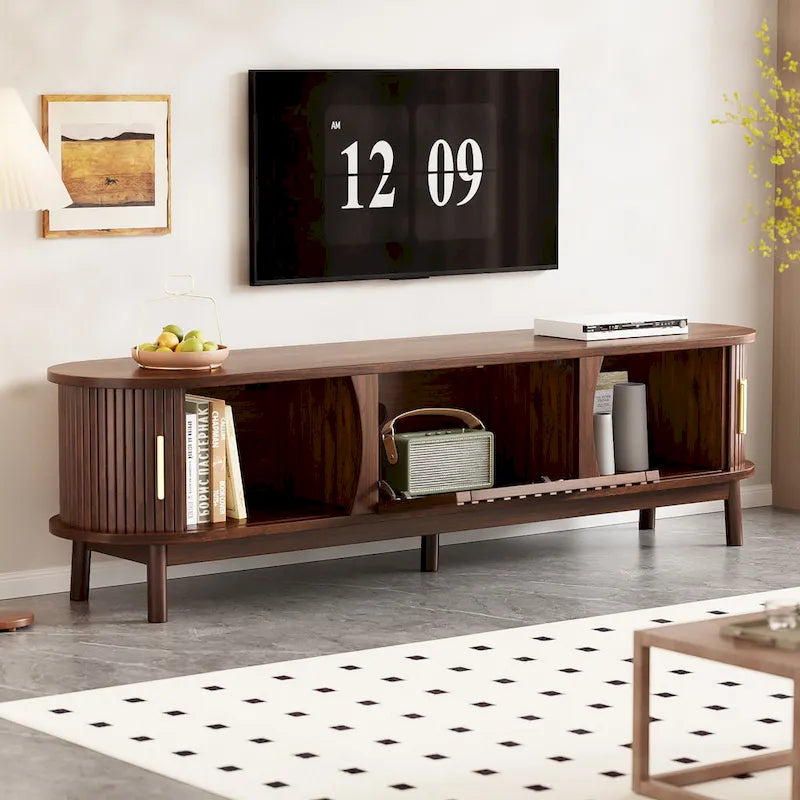 Meuble TV pour téléviseurs jusqu'à 75 pouces avec portes de rangement et pieds en bois