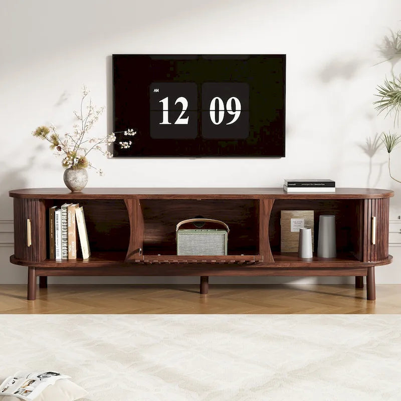 Meuble TV pour téléviseurs jusqu'à 75 pouces avec portes de rangement et pieds en bois
