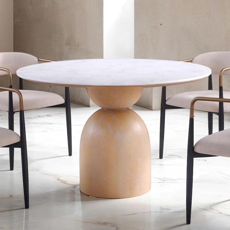 Table à manger ronde à plateau en pierre avec piètement tambour en bois