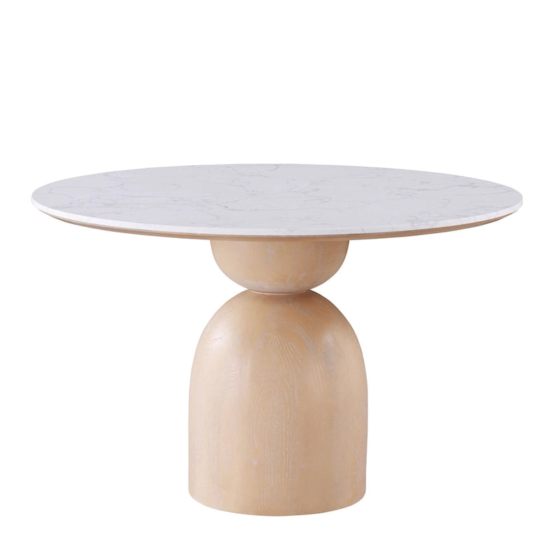 Table à manger ronde à plateau en pierre avec piètement tambour en bois