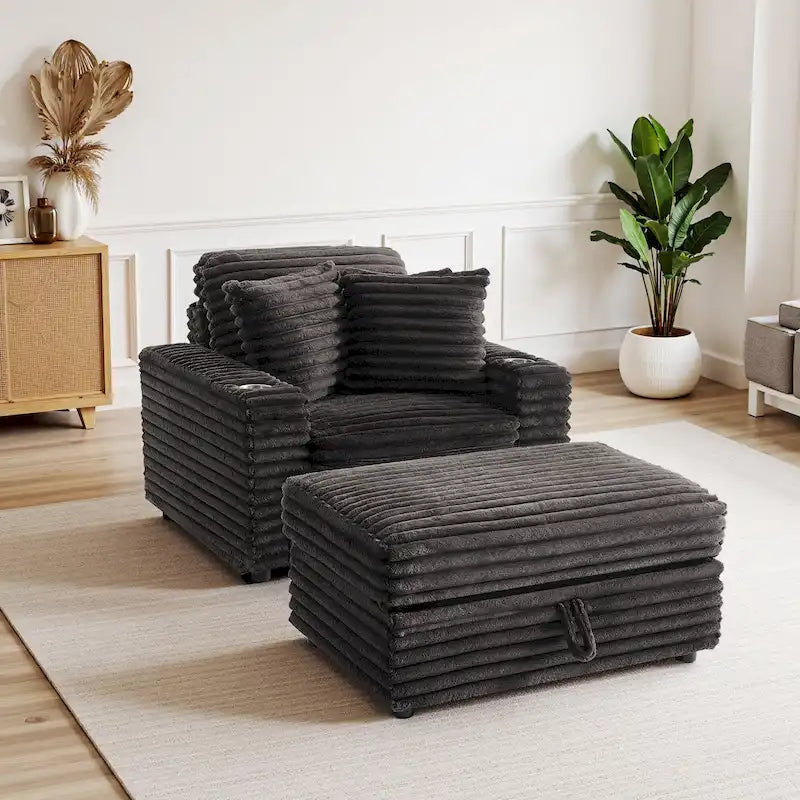 Chaise longue en flanelle de coton avec pouf de rangement