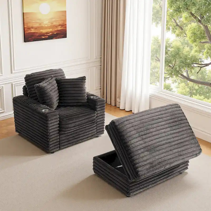 Chaise longue en flanelle de coton avec pouf de rangement