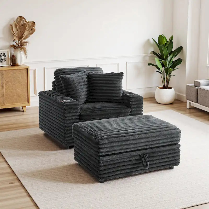 Chaise longue en flanelle de coton avec pouf de rangement