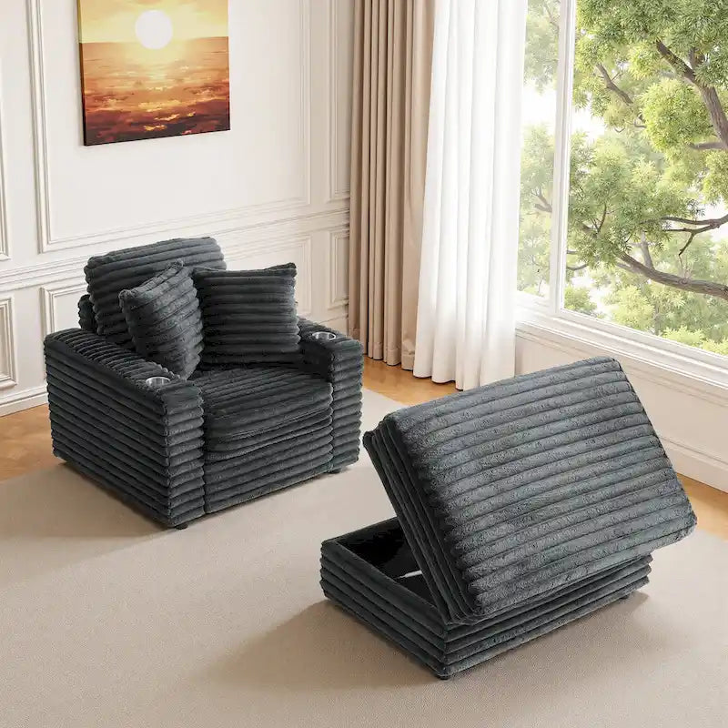 Chaise longue en flanelle de coton avec pouf de rangement