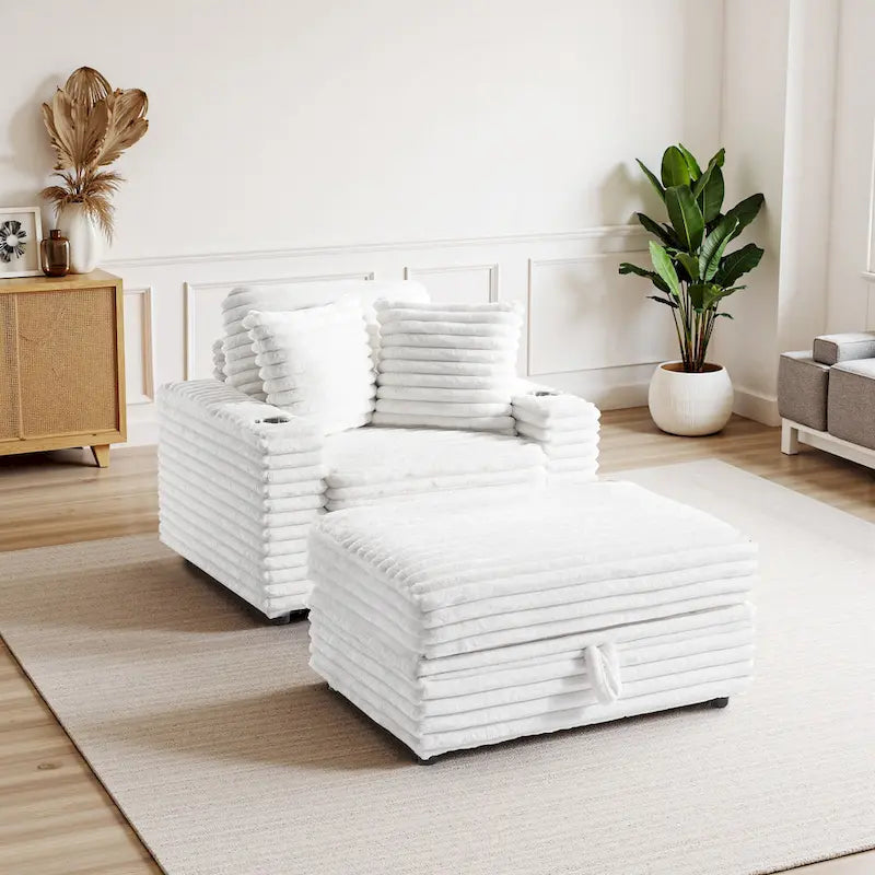 Chaise longue en flanelle de coton avec pouf de rangement