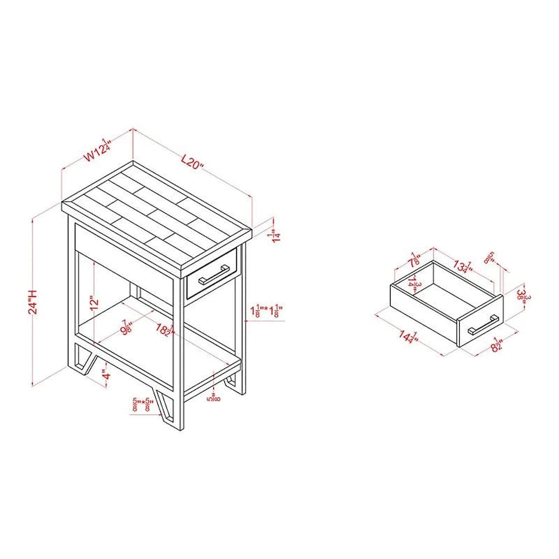 Table d'appoint rustique en bois de 20 pouces avec 1 étagère et 1 tiroir