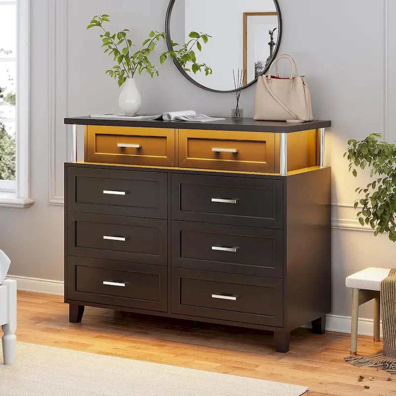 Commode à 8 tiroirs avec lumières LED et design en colonne
