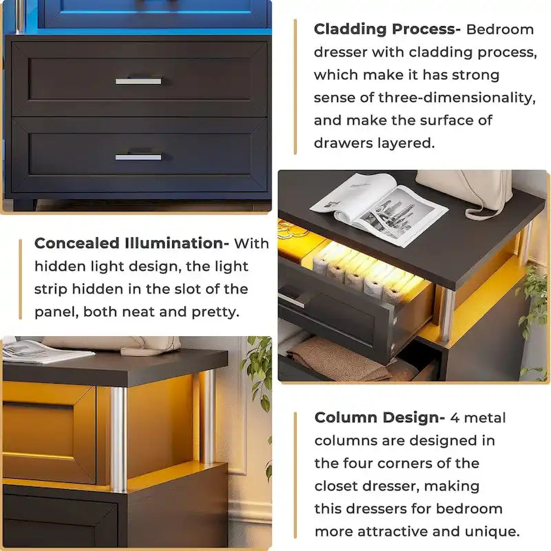 Commode à 8 tiroirs avec lumières LED et design en colonne