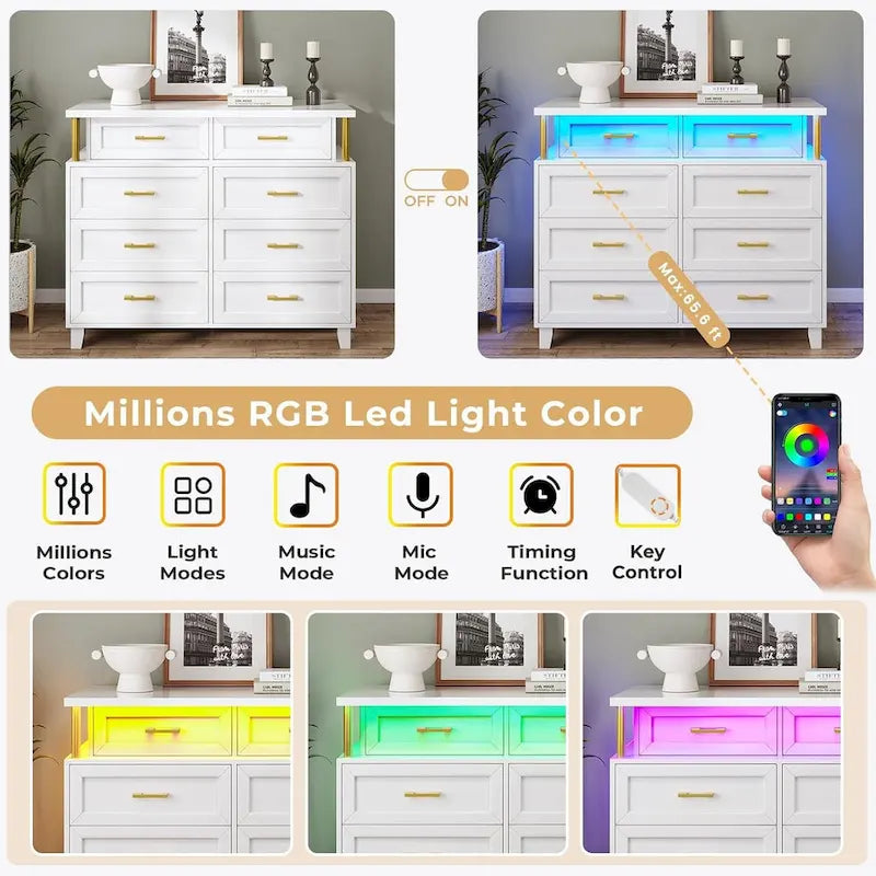 Commode à 8 tiroirs avec lumières LED et design en colonne