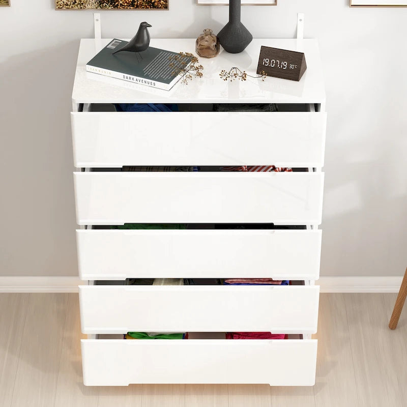 Commode 5 tiroirs avec lumière LED et plateau spacieux