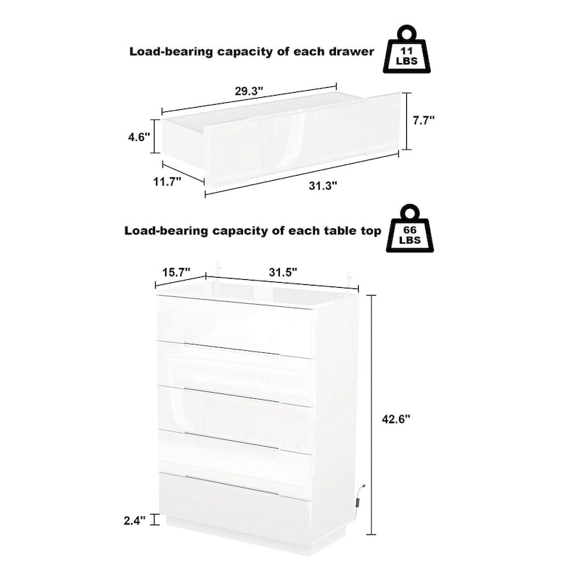 Commode 5 tiroirs avec lumière LED et plateau spacieux