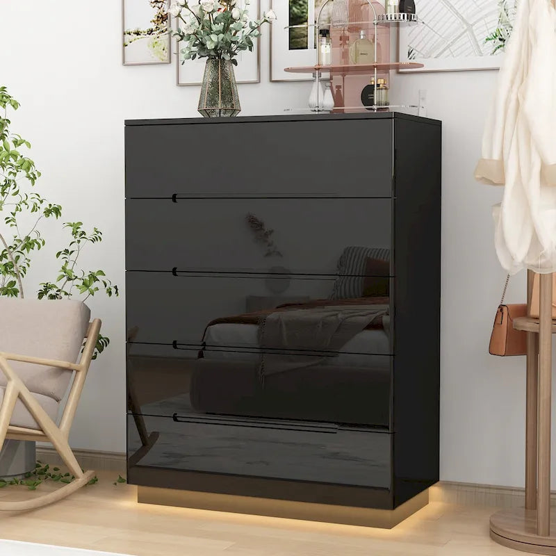 Commode 5 tiroirs avec lumière LED et plateau spacieux