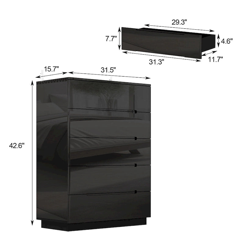 Commode 5 tiroirs avec lumière LED et plateau spacieux