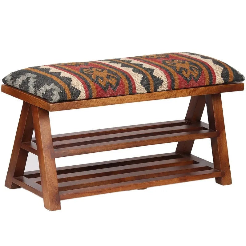 Banc de rangement en bois rembourré en Kilim fait à la main - 30 L x 12,5 P x 16 H