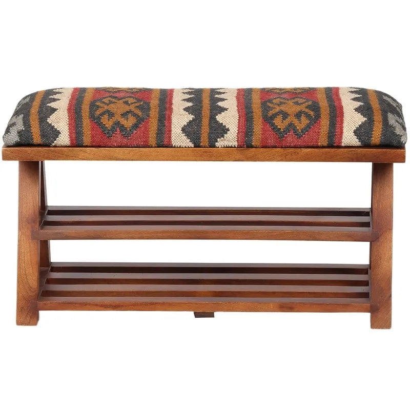 Banc de rangement en bois rembourré en Kilim fait à la main - 30 L x 12,5 P x 16 H
