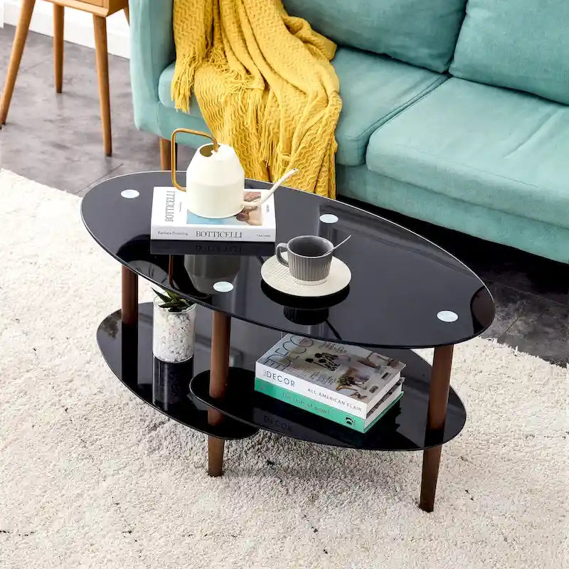 Table basse ovale en verre avec pieds en bois de chêne, rangement à deux niveaux
