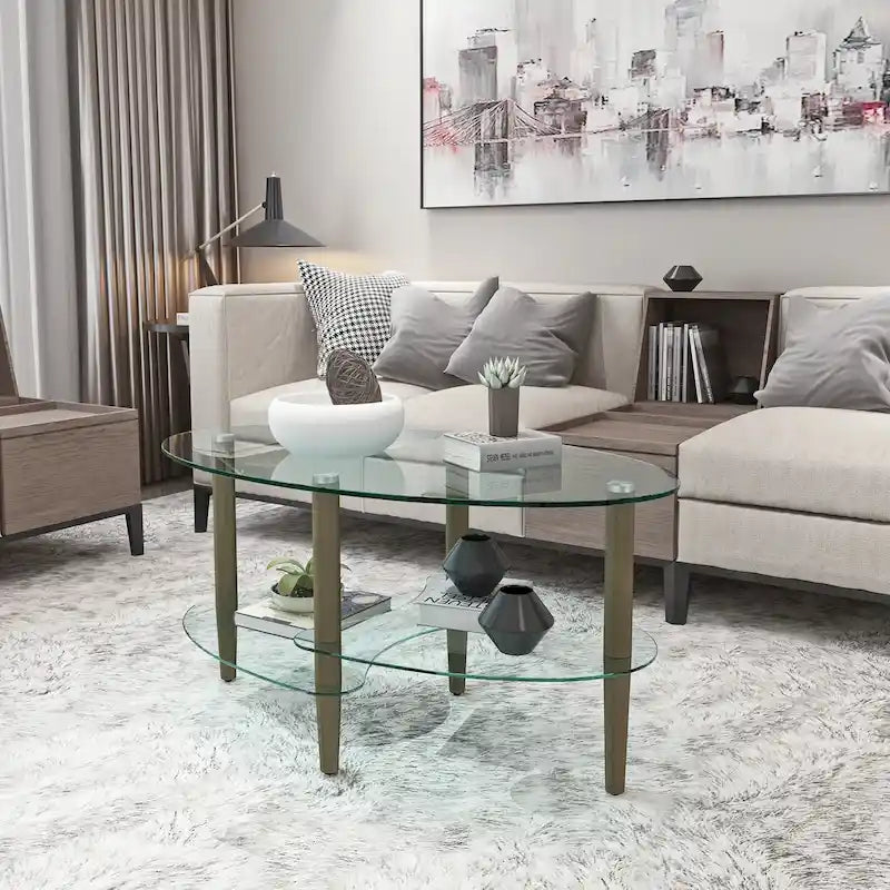 Table basse ovale en verre avec pieds en bois de chêne, rangement à deux niveaux