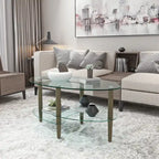 Table basse ovale en verre avec pieds en bois de chêne, rangement à deux niveaux