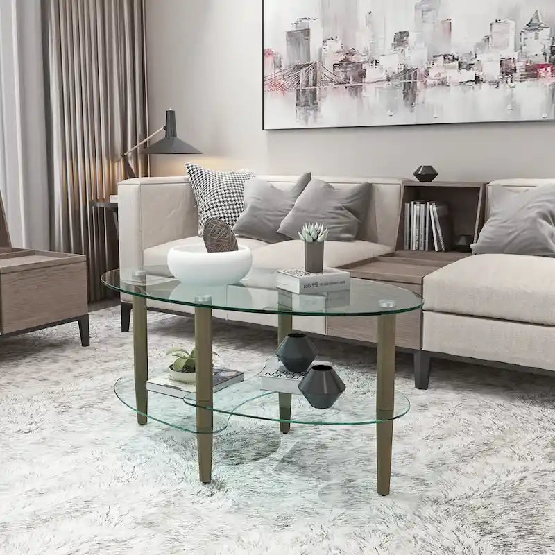 Table basse ovale en verre avec pieds en bois de chêne, rangement à deux niveaux