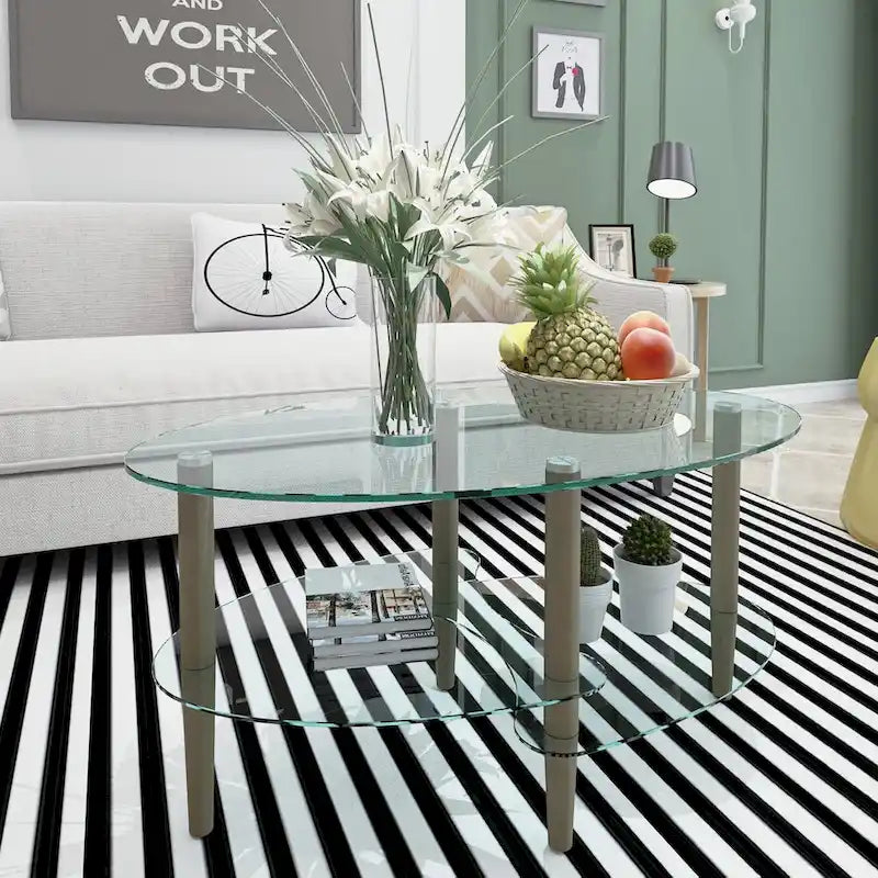 Table basse ovale en verre avec pieds en bois de chêne, rangement à deux niveaux