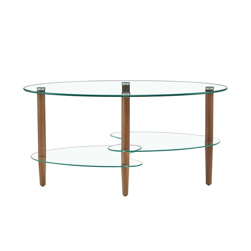 Table basse ovale en verre avec pieds en bois de chêne, rangement à deux niveaux