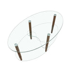 Table basse ovale en verre avec pieds en bois de chêne, rangement à deux niveaux