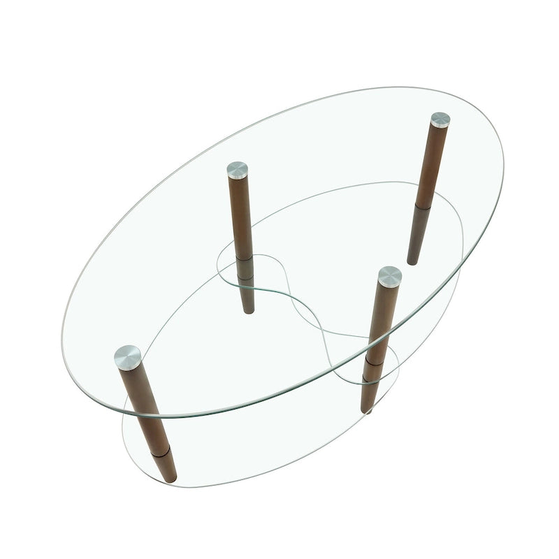Table basse ovale en verre avec pieds en bois de chêne, rangement à deux niveaux