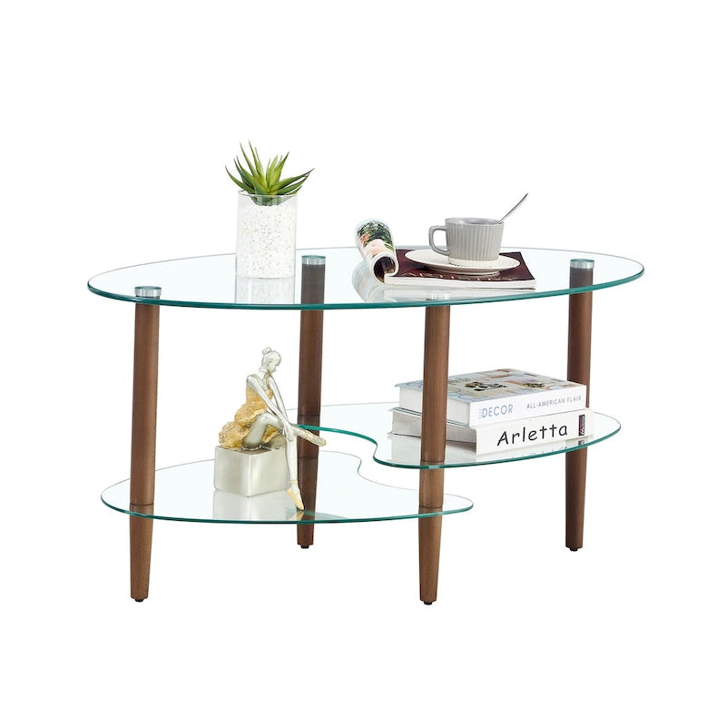 Table basse ovale en verre avec pieds en bois de chêne, rangement à deux niveaux