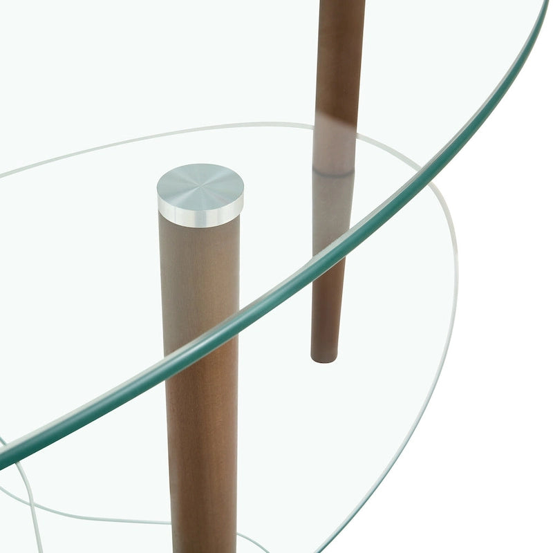 Table basse ovale en verre avec pieds en bois de chêne, rangement à deux niveaux