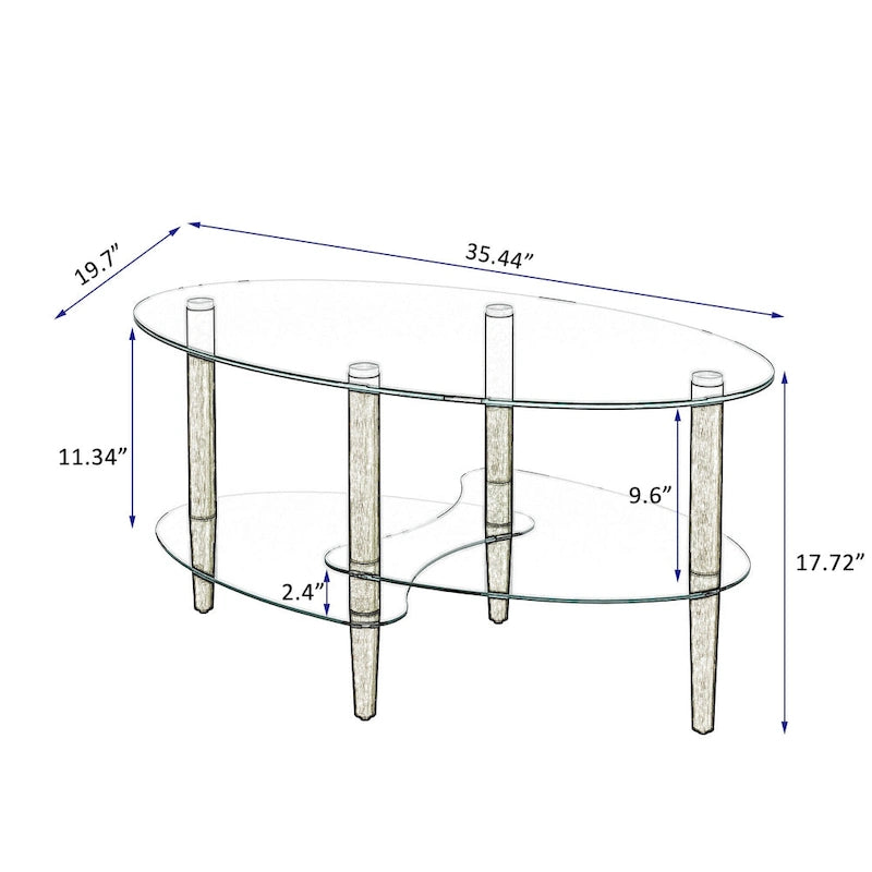 Table basse ovale en verre avec pieds en bois de chêne, rangement à deux niveaux