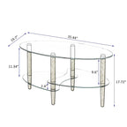 Table basse ovale en verre avec pieds en bois de chêne, rangement à deux niveaux