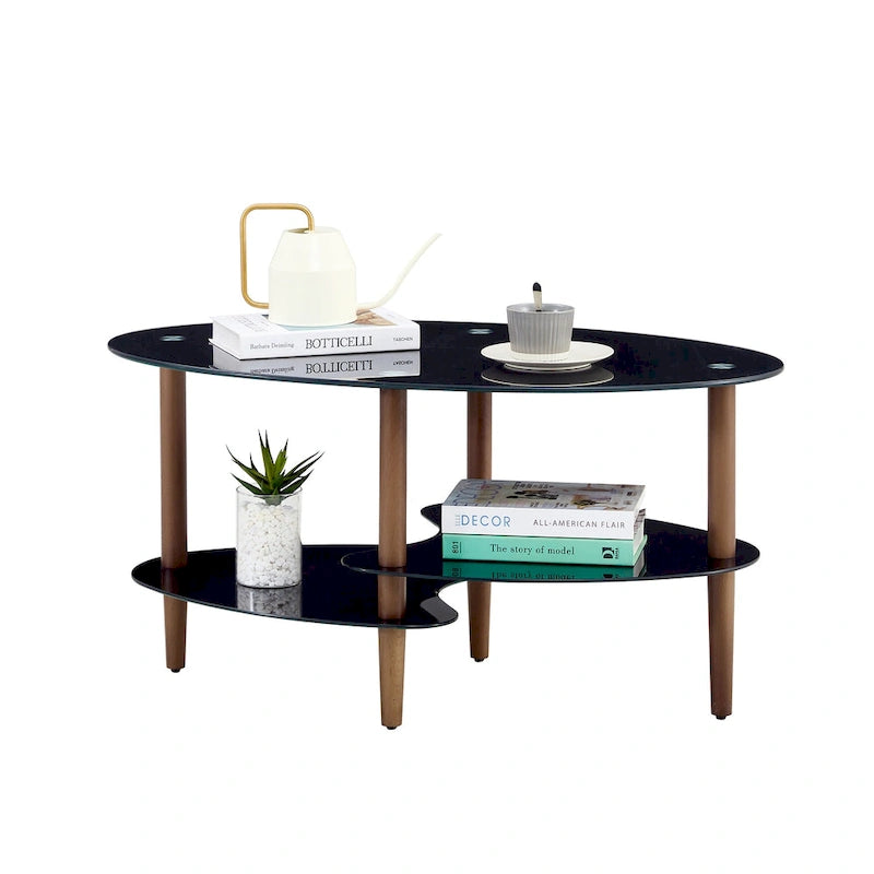 Table basse ovale en verre avec pieds en bois de chêne, rangement à deux niveaux