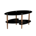 Table basse ovale en verre avec pieds en bois de chêne, rangement à deux niveaux