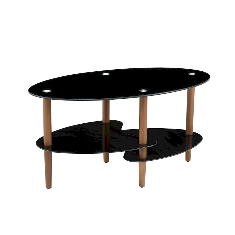 Table basse ovale en verre avec pieds en bois de chêne, rangement à deux niveaux