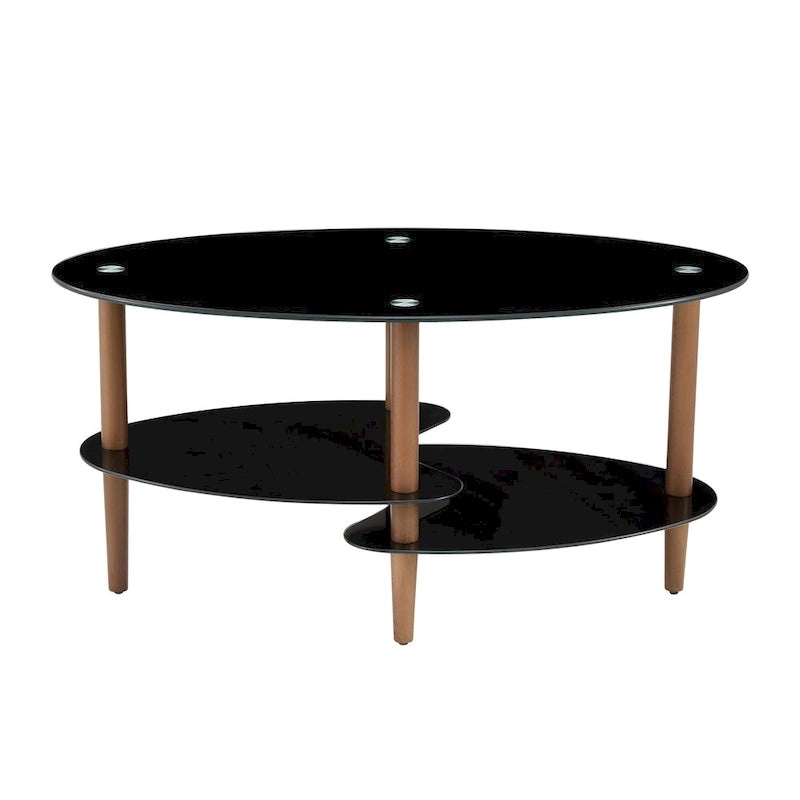 Table basse ovale en verre avec pieds en bois de chêne, rangement à deux niveaux