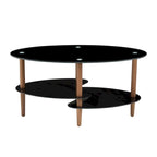 Table basse ovale en verre avec pieds en bois de chêne, rangement à deux niveaux