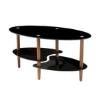 Table basse ovale en verre avec pieds en bois de chêne, rangement à deux niveaux