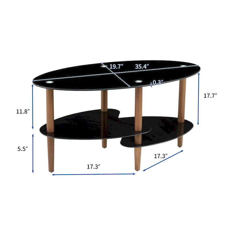 Table basse ovale en verre avec pieds en bois de chêne, rangement à deux niveaux