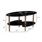 Table basse ovale en verre avec pieds en bois de chêne, rangement à deux niveaux