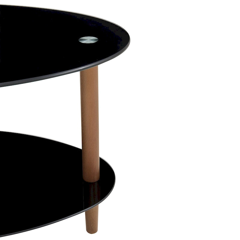 Table basse ovale en verre avec pieds en bois de chêne, rangement à deux niveaux