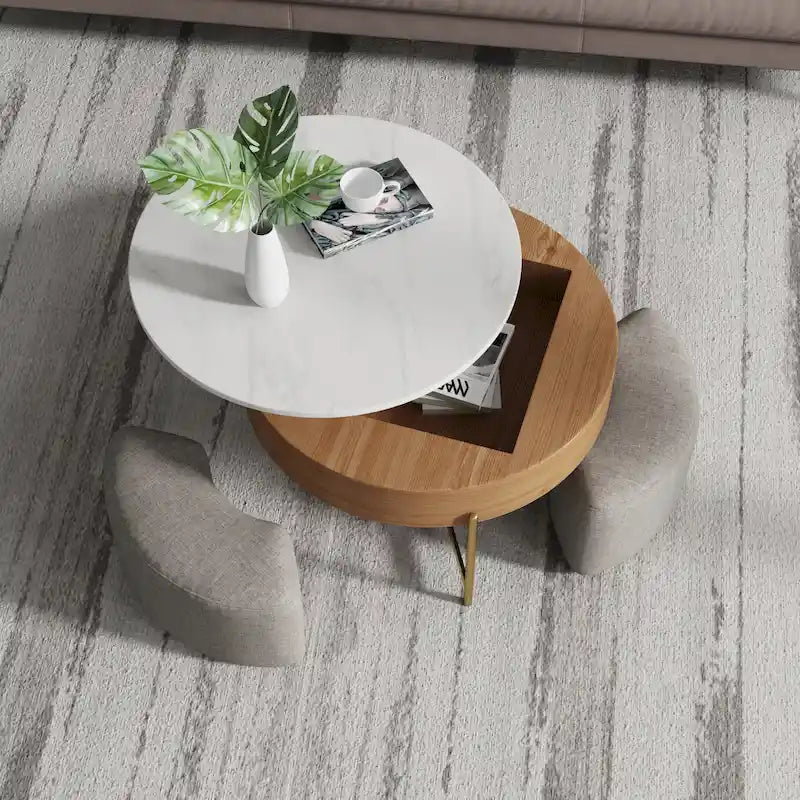 Table basse ronde relevable avec rangement et 3 poufs