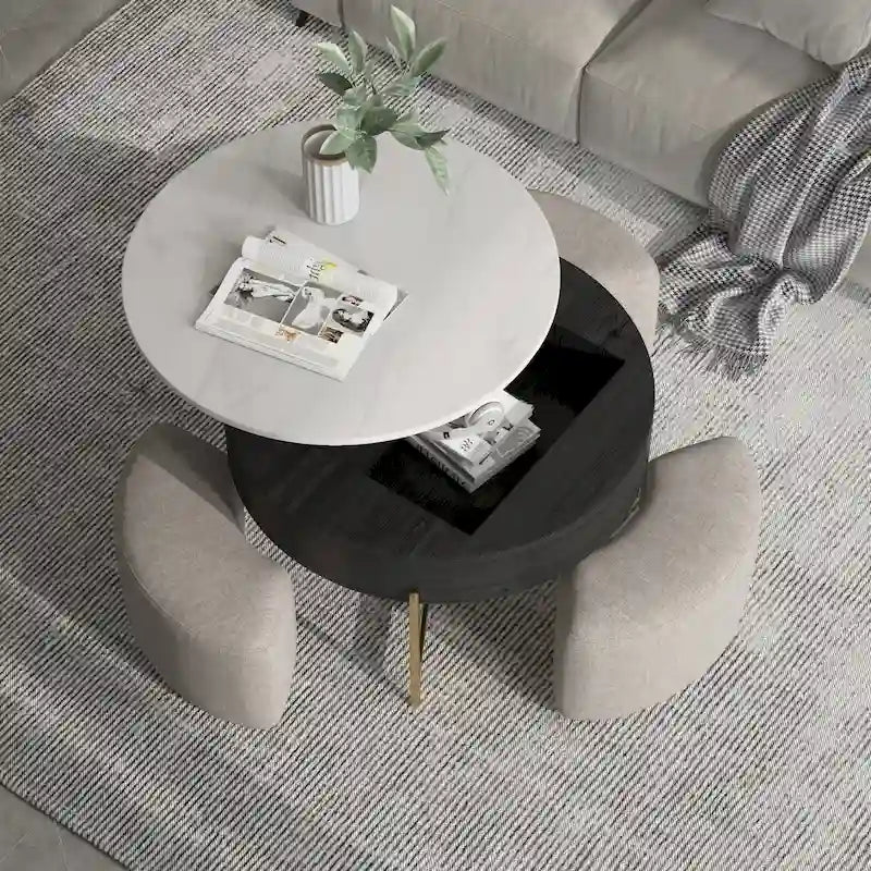 Table basse ronde relevable avec rangement et 3 poufs