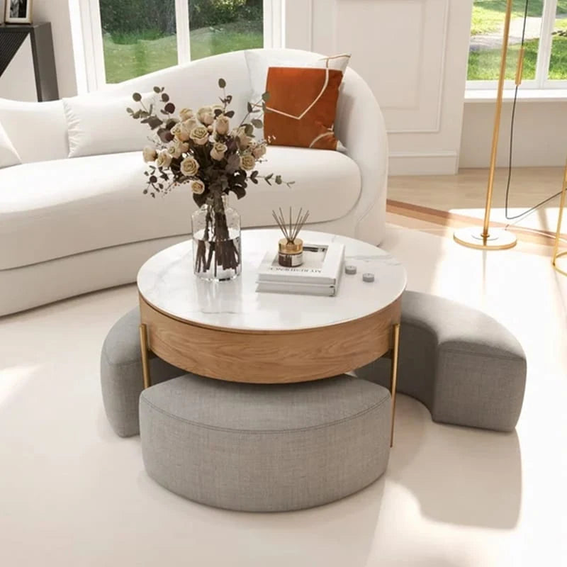 Table basse ronde relevable avec rangement et 3 poufs
