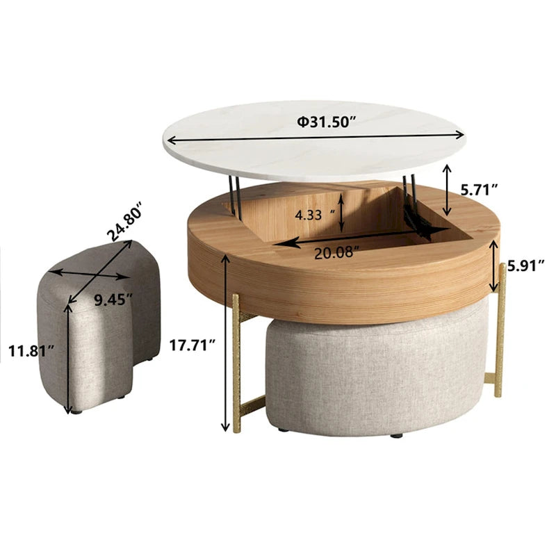 Table basse ronde relevable avec rangement et 3 poufs