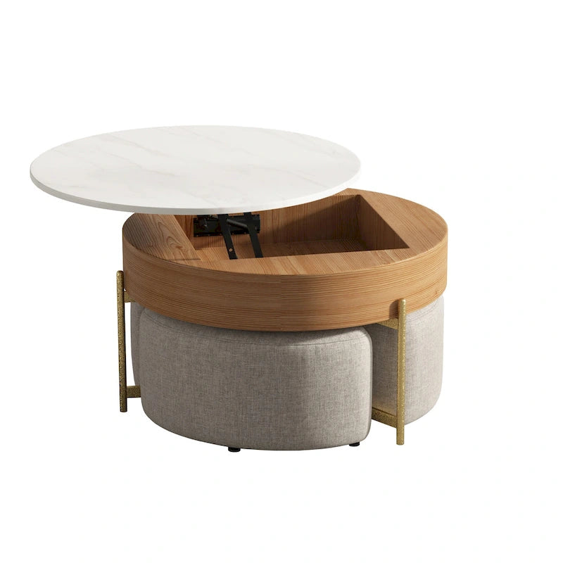Table basse ronde relevable avec rangement et 3 poufs