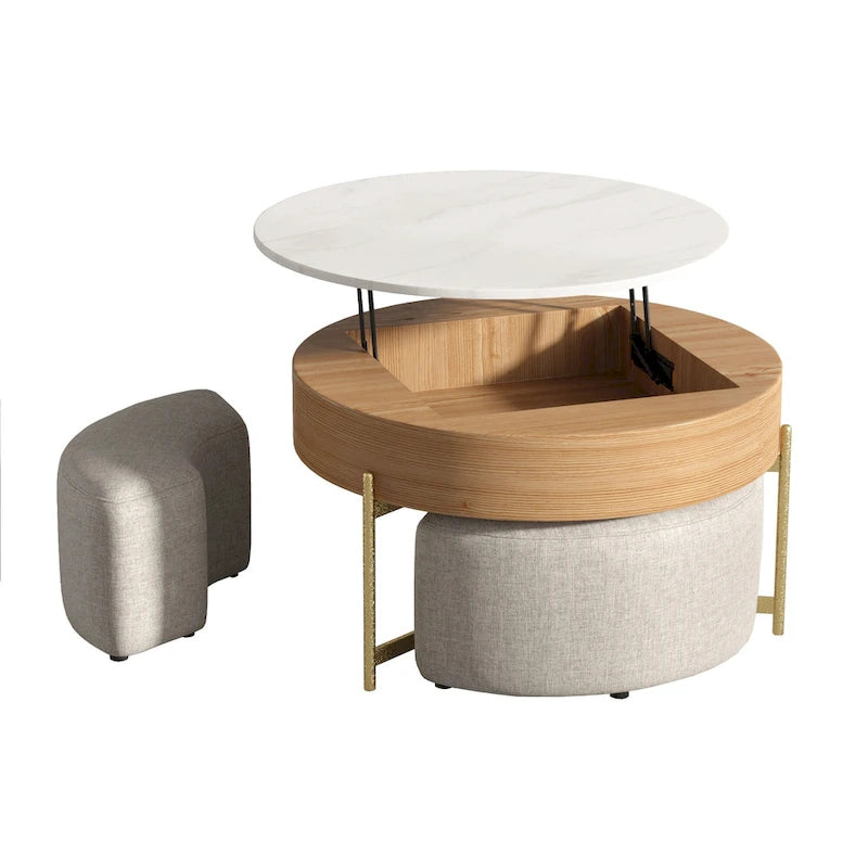 Table basse ronde relevable avec rangement et 3 poufs