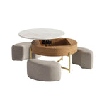 Table basse ronde relevable avec rangement et 3 poufs