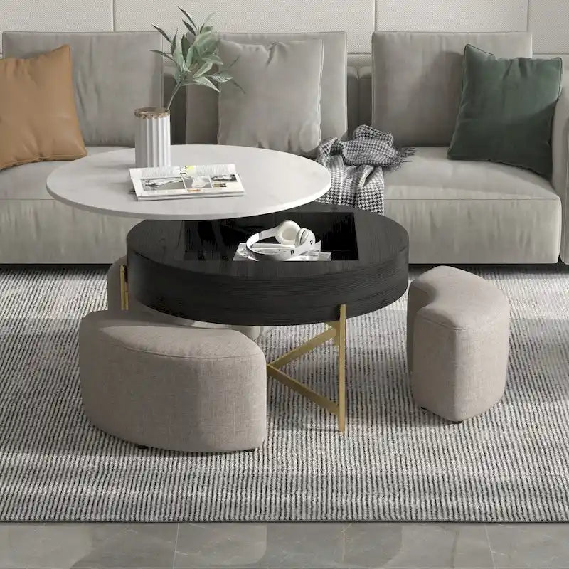 Table basse ronde relevable avec rangement et 3 poufs