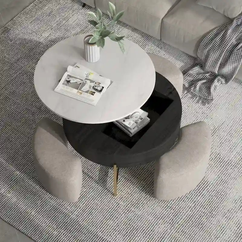 Table basse ronde relevable avec rangement et 3 poufs